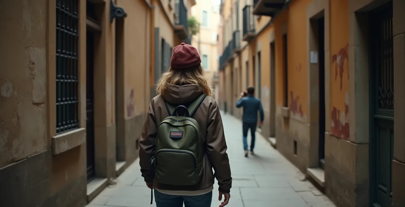 Person entdeckt mit Neugier und einer Kamera versteckte Gassen in der eigenen Stadt, als wäre sie ein Tourist.