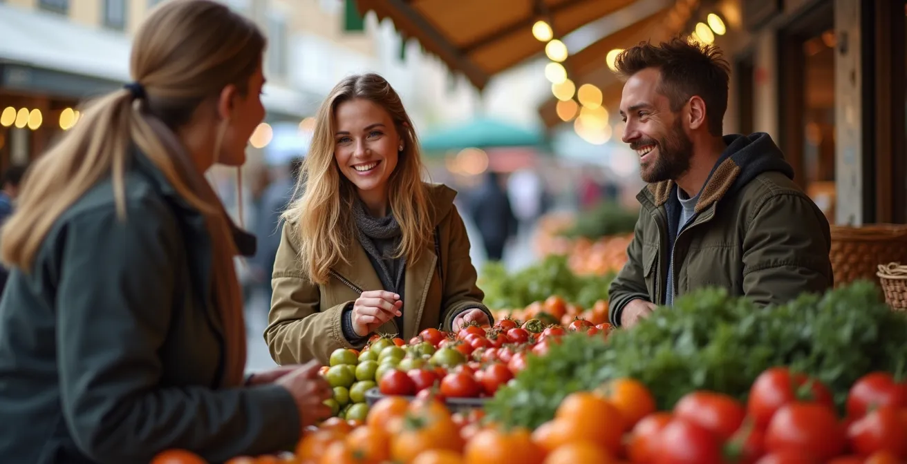 Menschen verschiedenen Alters im Gespräch auf einem deutschen Wochenmarkt