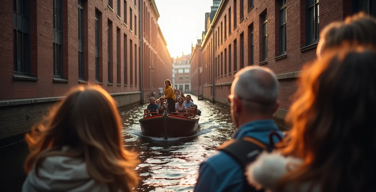 Traditionelle Hamburger Barkasse fährt durch enge Kanäle zwischen roten Backsteingebäuden der Speicherstadt
