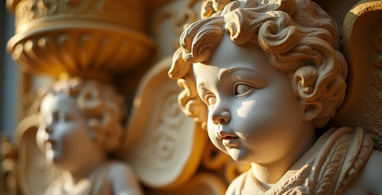 Detailaufnahme barocker Engelsköpfe und Stuckarbeiten an einer bayerischen Kirchendecke