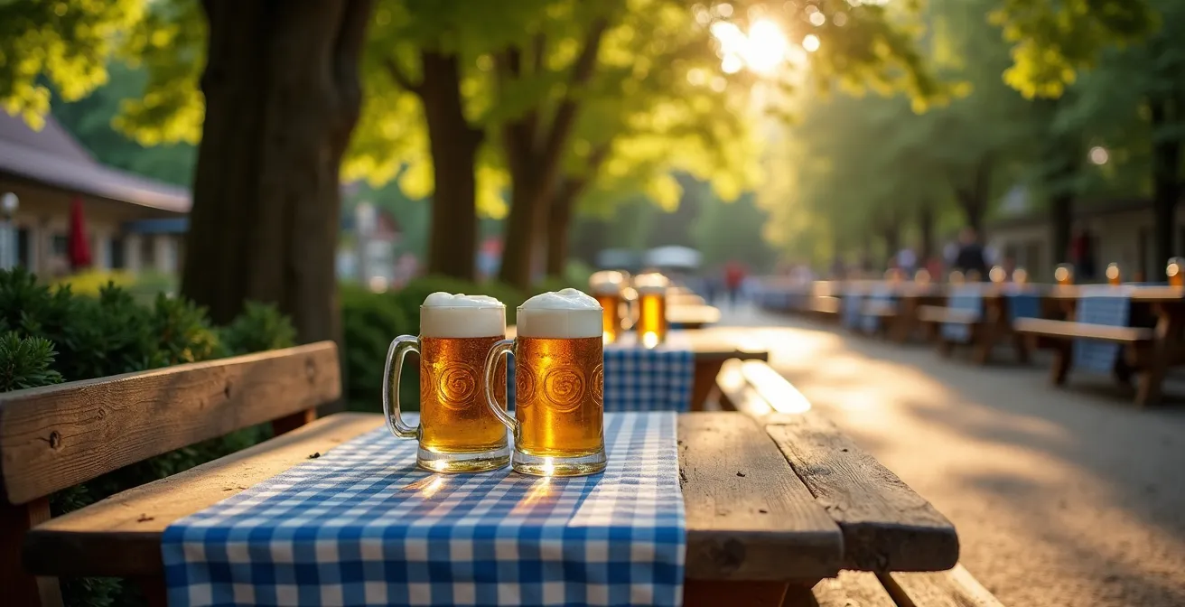 Gemütliche Biergarten-Atmosphäre mit traditionellen bayerischen Elementen