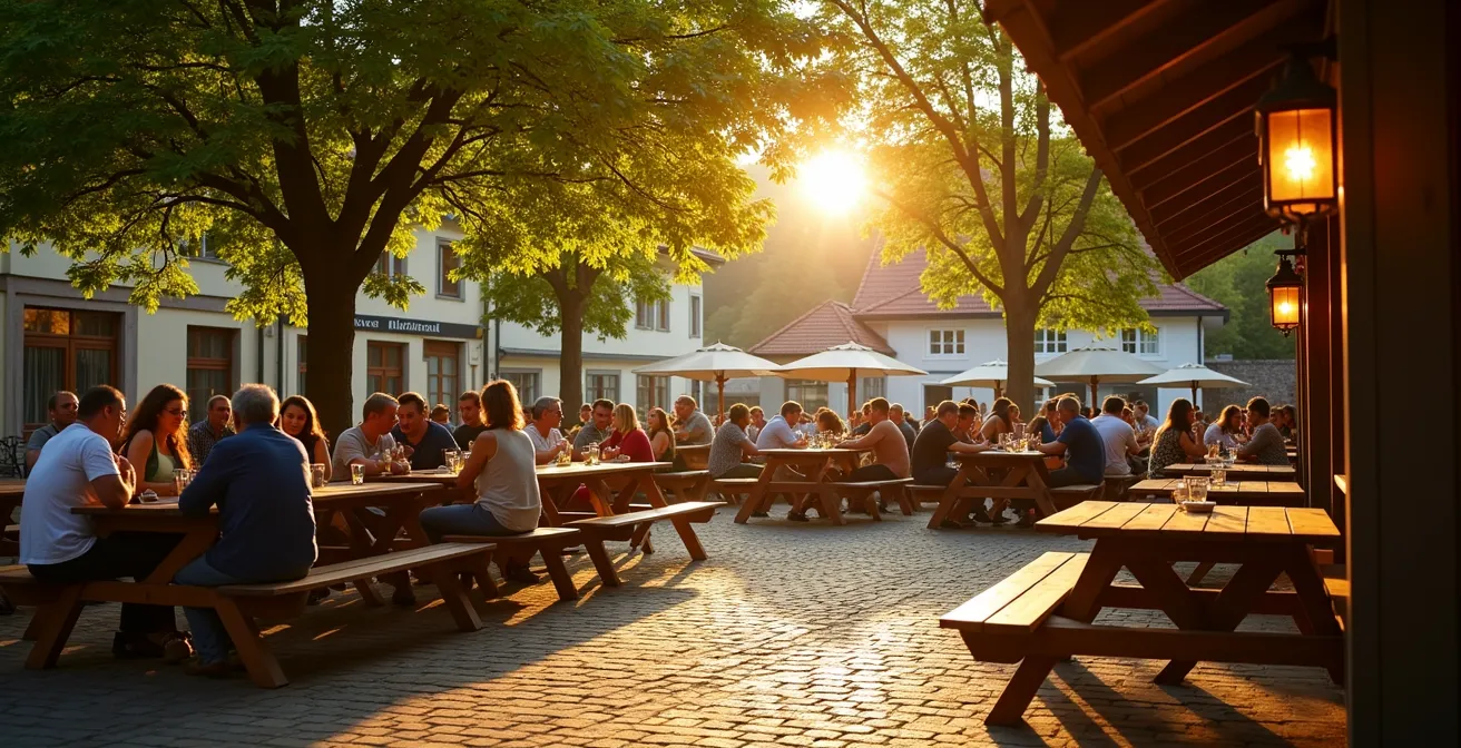 Bayerischer Biergarten mit Menschen in traditioneller und moderner Kleidung, die die Gemütlichkeit teilen