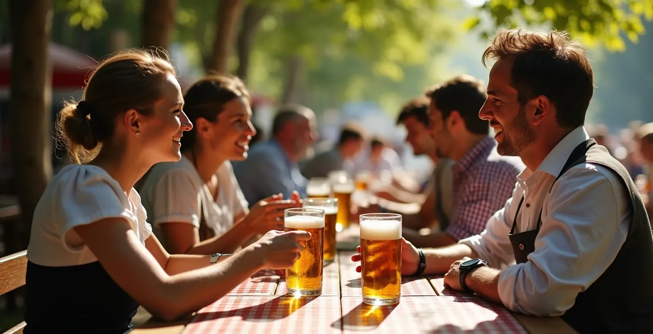 Traditioneller bayerischer Biergarten mit lokalen Einheimischen am Stammtisch