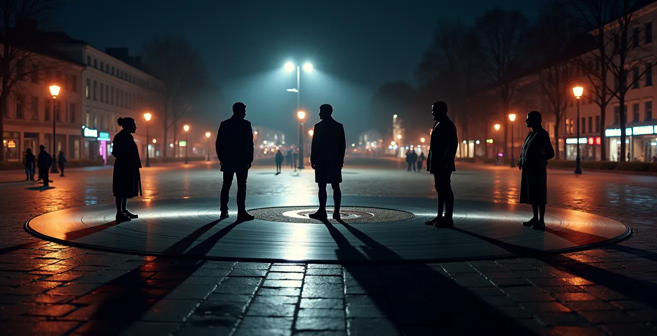Beatles-Platz Hamburg bei Nacht mit den charakteristischen Silhouetten-Skulpturen