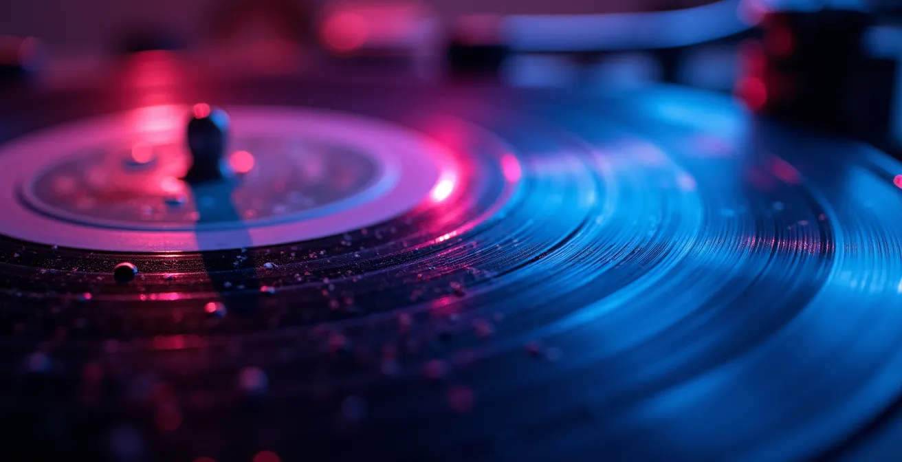 Makroaufnahme von Vinyl-Rillen mit Lichtreflexionen symbolisiert Techno-Ära