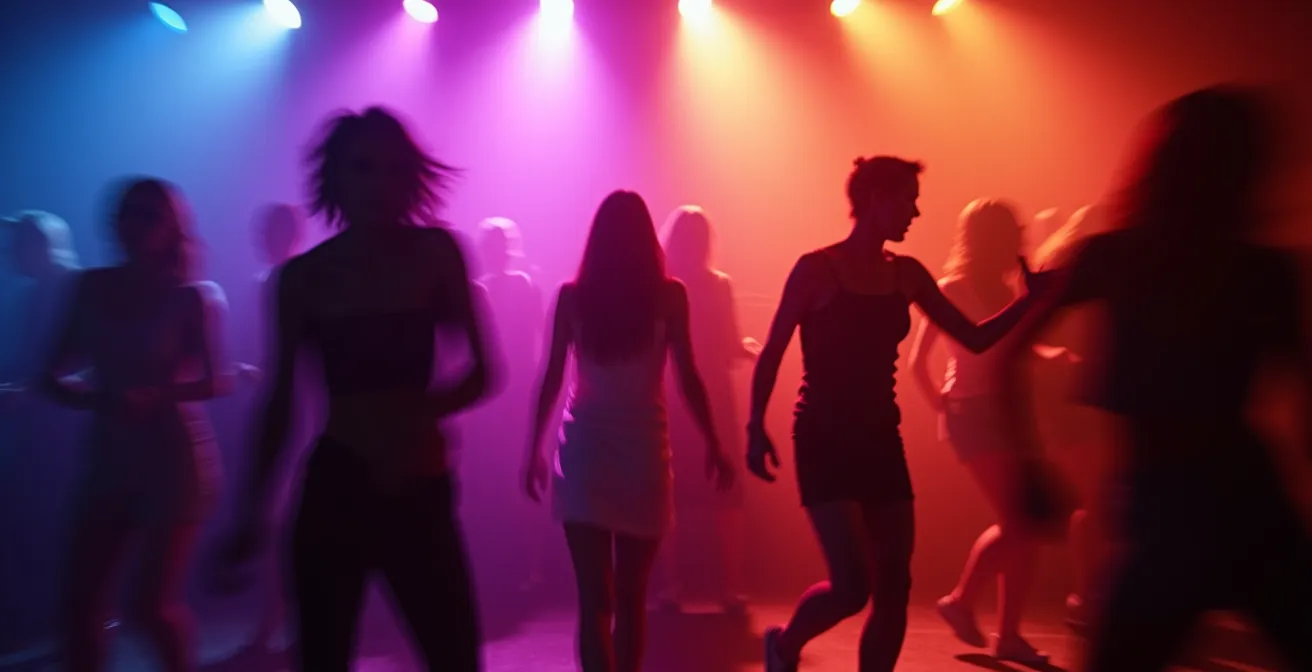 Atmosphärische Clubszene mit tanzenden Menschen in dynamischem Licht