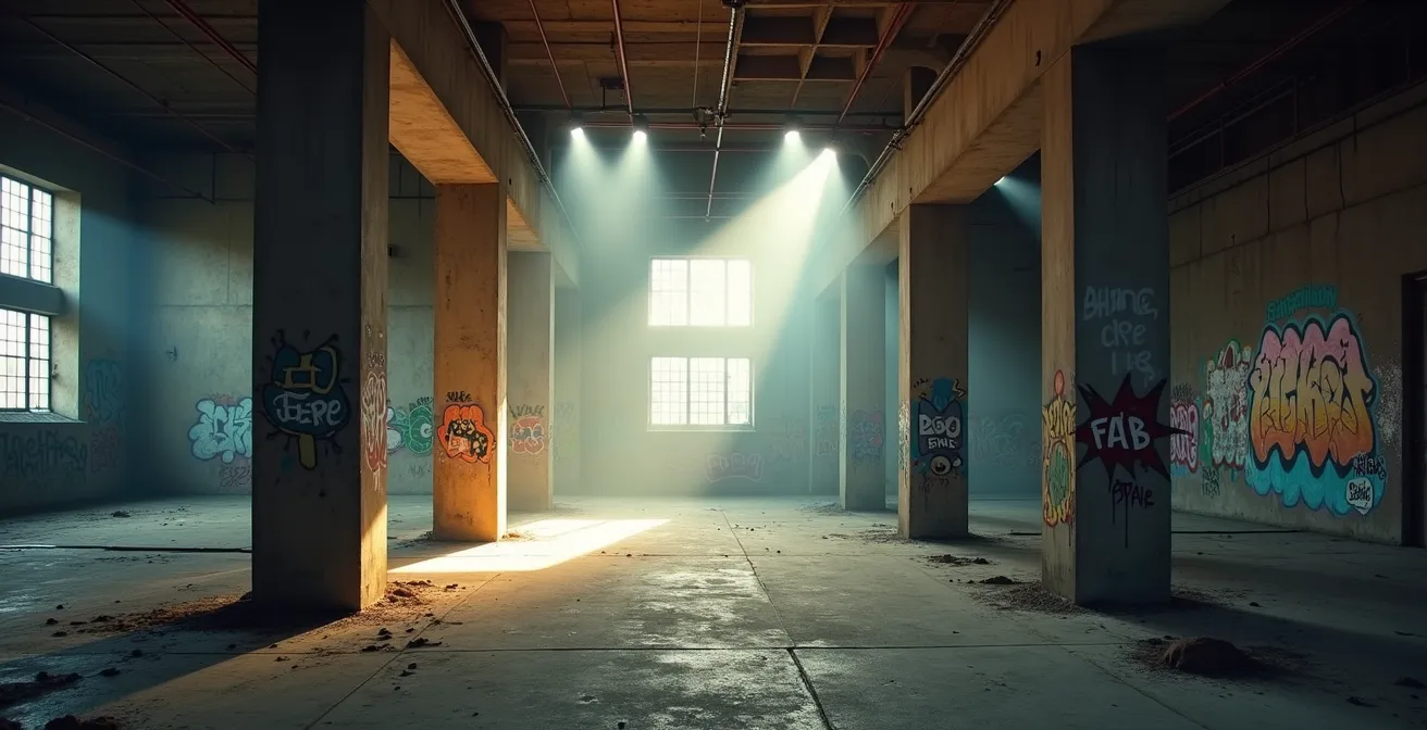 Atmosphärische Industrieruine mit Lichtinstallation, die an die Berliner Technoszene der 90er erinnert