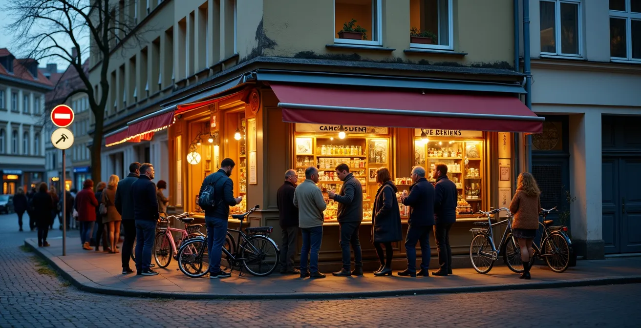 Lebendige Berliner Straßenszene mit Spätkauf und Radfahrern