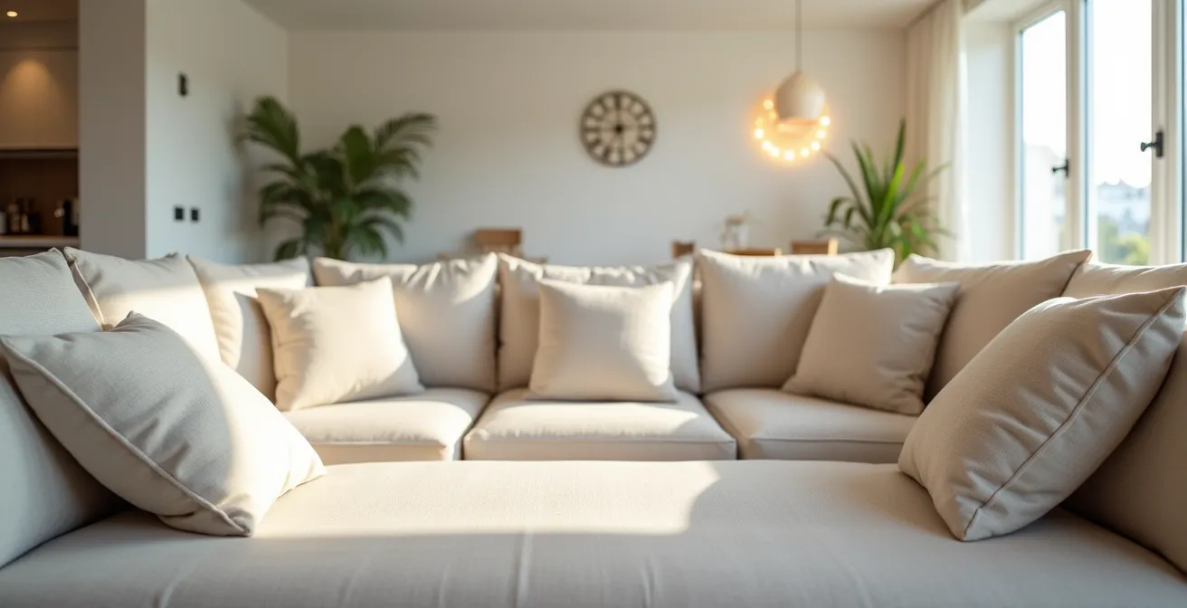 Weitwinkelaufnahme einer makellos aufgeräumten Ferienwohnung mit ordentlich arrangiertem Wohnbereich