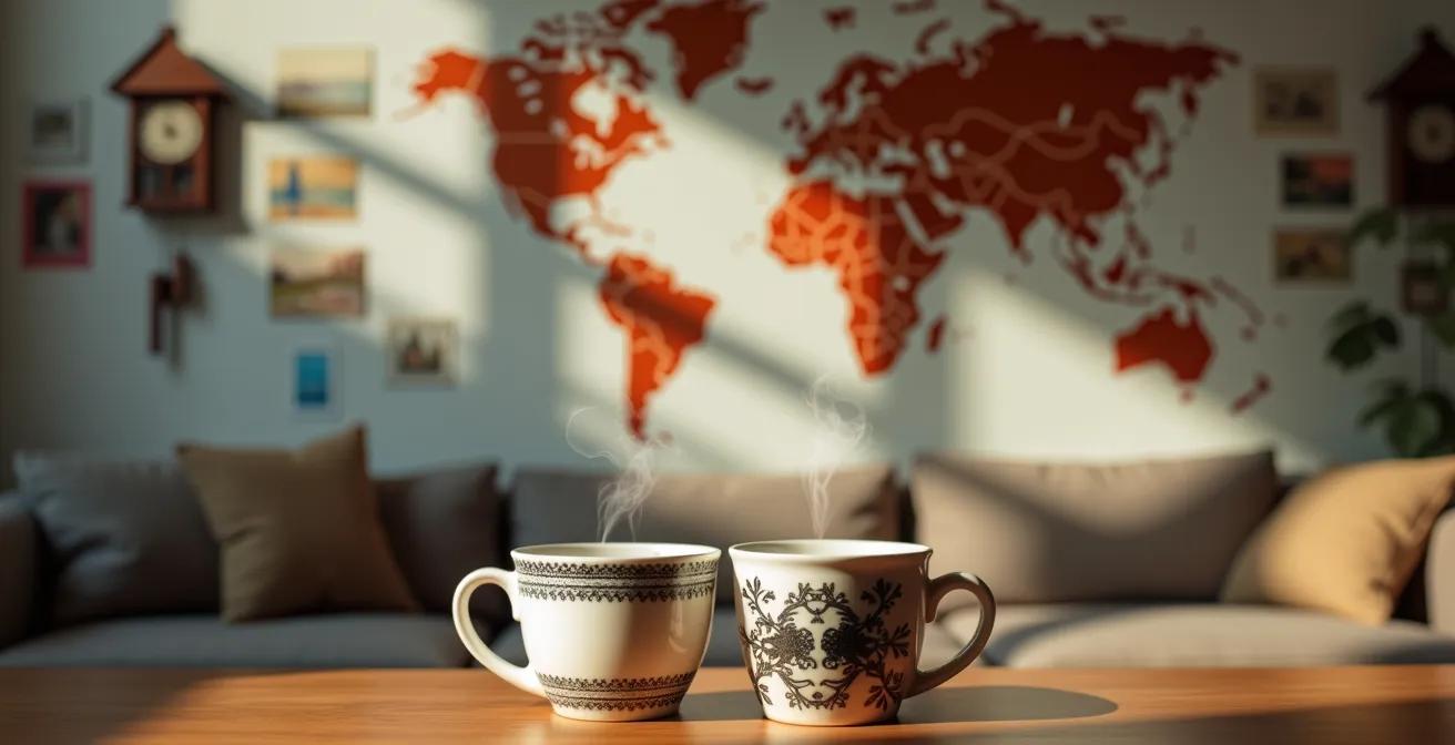 Reisender und Gastgeber tauschen sich in gemütlichem Wohnzimmer aus