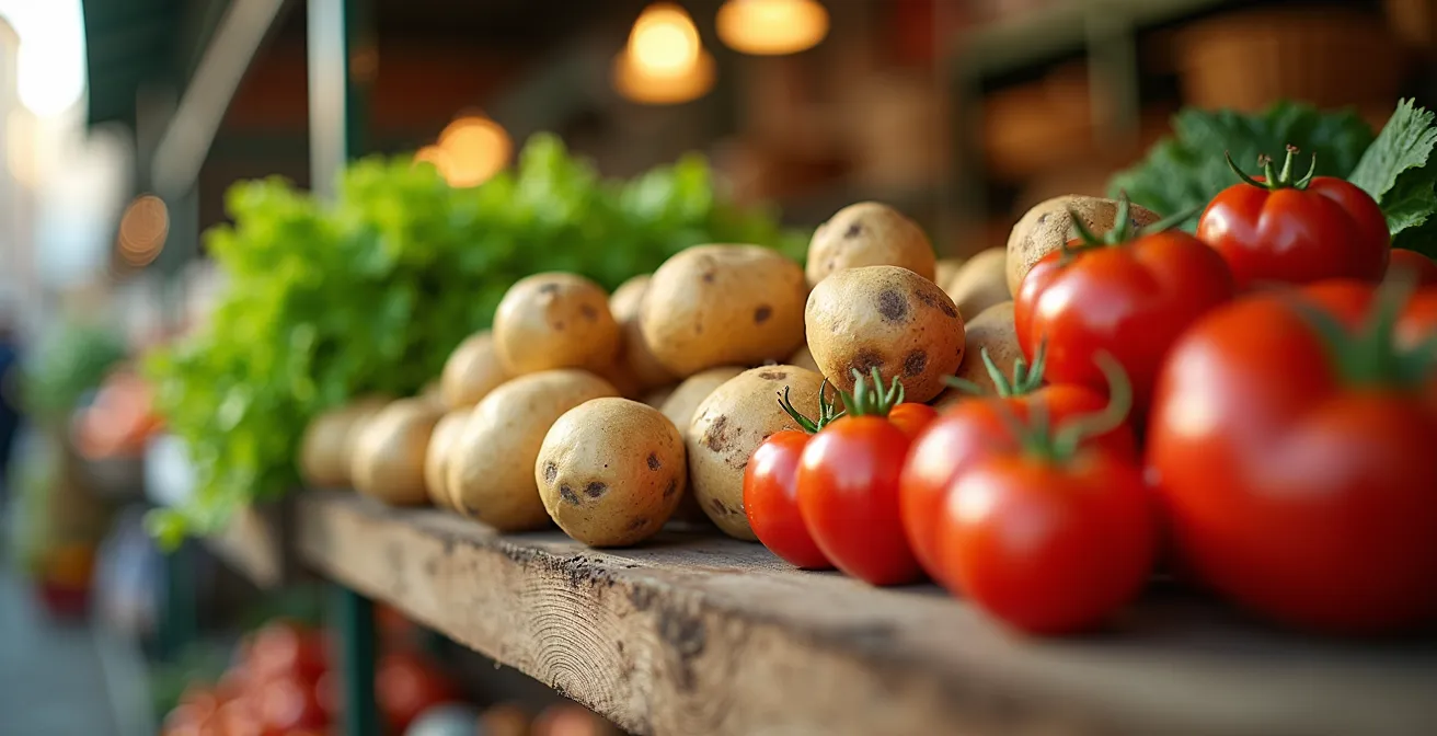 Nahaufnahme von frischem Gemüse mit deutschen Bio-Siegeln auf einem Wochenmarktstand