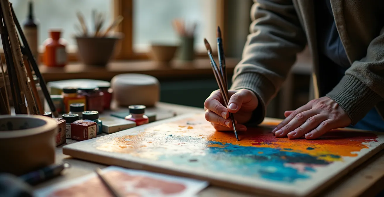 Künstlerisches Porträt verschiedener deutscher Kunstepochen in einer Atelierszene