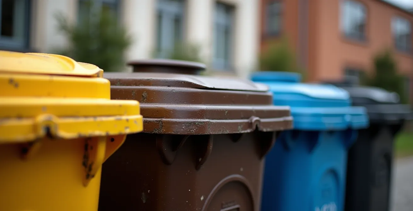Nahaufnahme von vier farbigen Mülltonnen mit typisch deutschen Recyclingsymbolen im Hinterhof