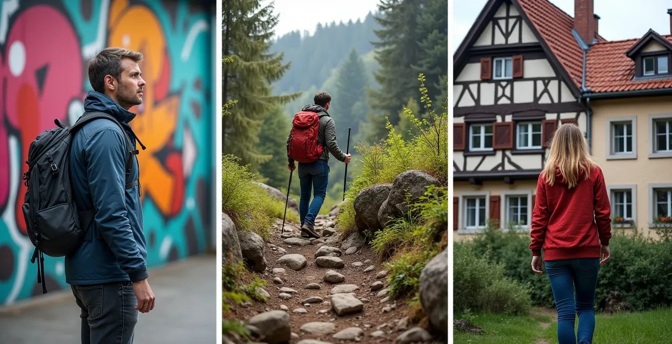 Drei verschiedene Reiseszenen in Deutschland nebeneinander dargestellt: Ein urbaner Entdecker in einer Stadt, ein Wanderer in einer Felslandschaft und jemand, der historische Fachwerkhäuser betrachtet.