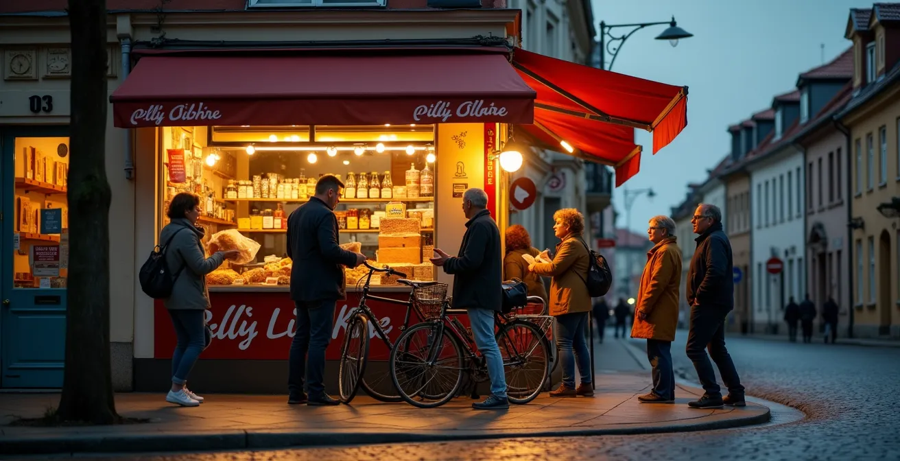 Lebendige Stadtviertelszene mit lokalen Geschäften und Bewohnern in einem deutschen Stadtteil