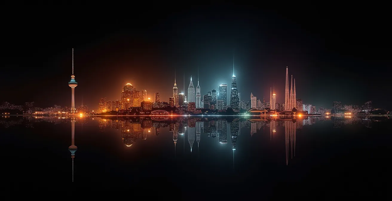 Kollage verschiedener deutscher Städte mit ihrer charakteristischen Musikszene bei Nacht