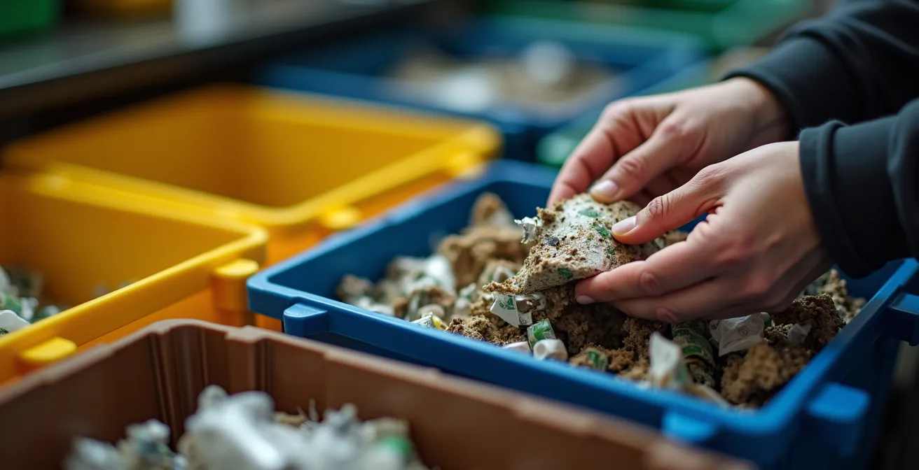 Detailaufnahme der deutschen Mülltrennung mit farbkodierten Behältern