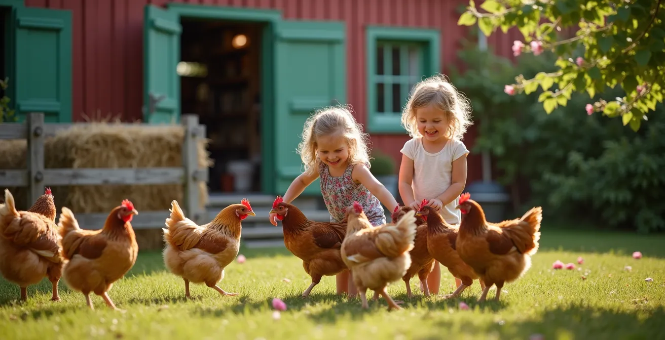 Traditioneller deutscher Bauernhof mit spielenden Kindern und Tieren im Hof