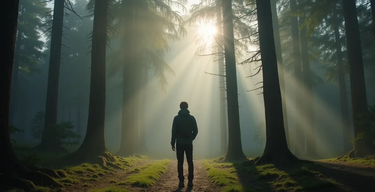 Mystischer deutscher Wald im Morgennebel mit alten Bäumen