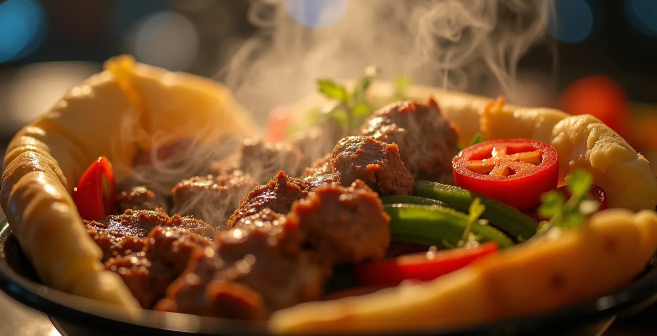 Detailaufnahme von nächtlichem Street Food, das den Kontrast zwischen traditionellem Döner und einer modernen veganen Bowl zeigt.