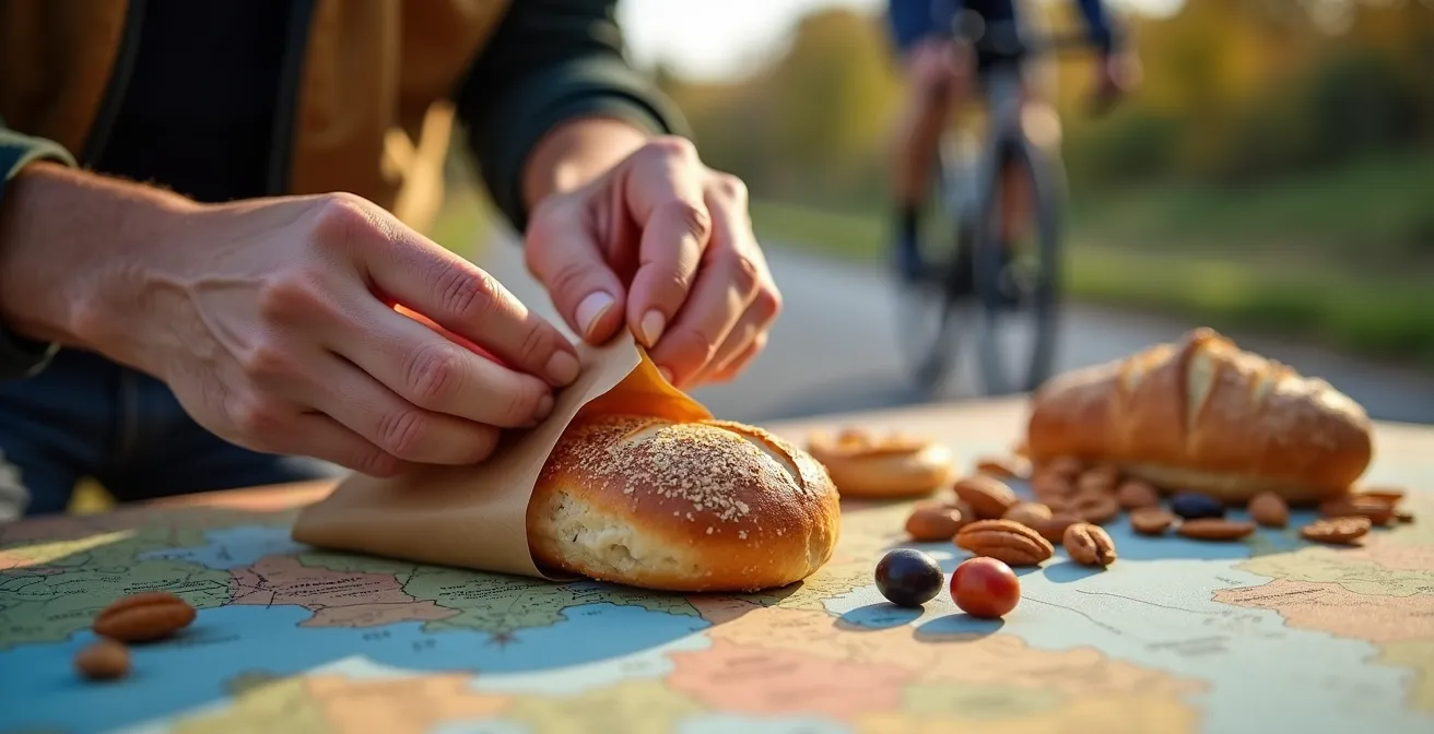Energiereiche Snacks wie ein belegtes Brötchen und eine Apfelschorle, die perfekte Verpflegung für eine Radtour in Deutschland.