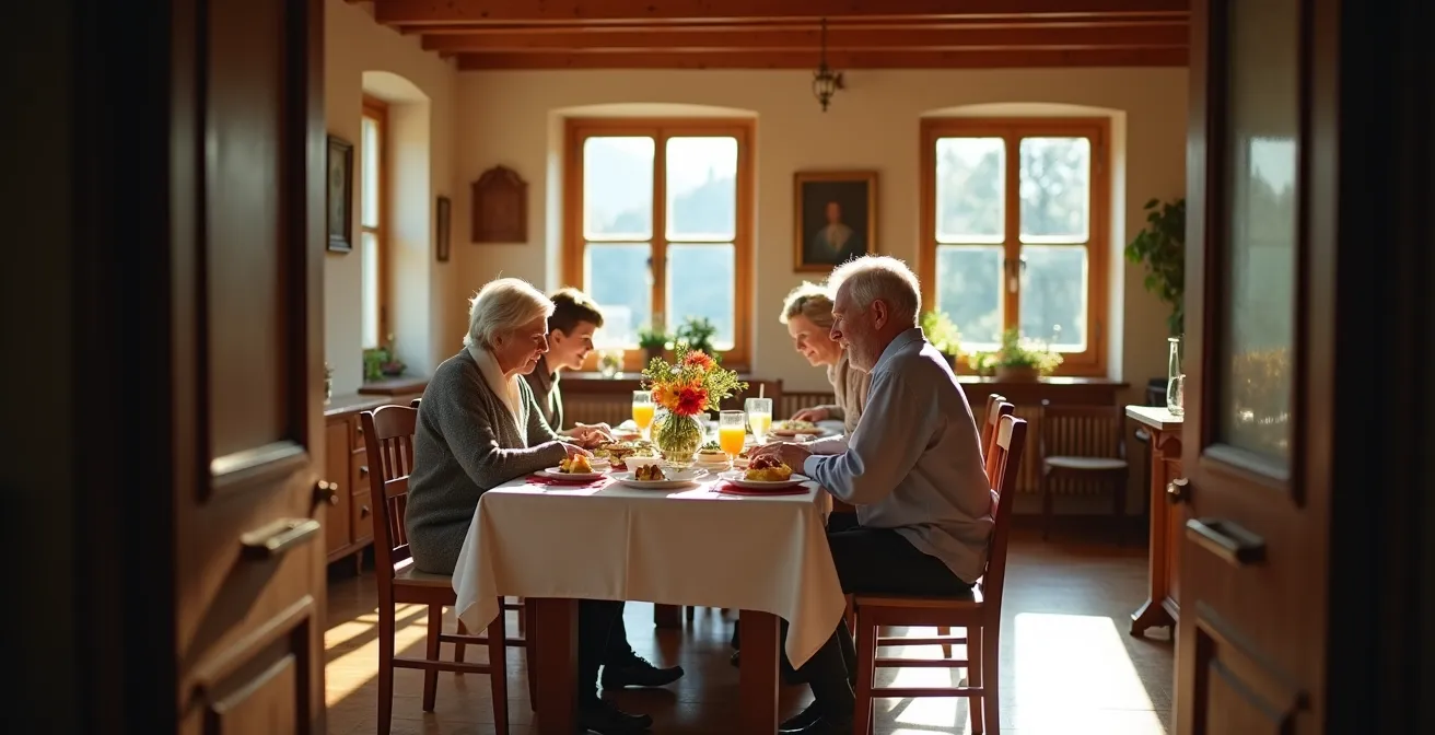 Gemütliches Frühstück mit Pensionsinhaber in traditioneller deutscher Gaststube