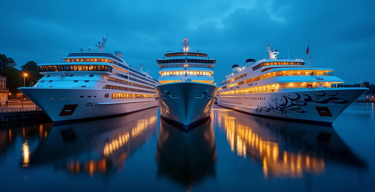 Verschiedene Flusskreuzfahrtschiffe nebeneinander auf der Donau