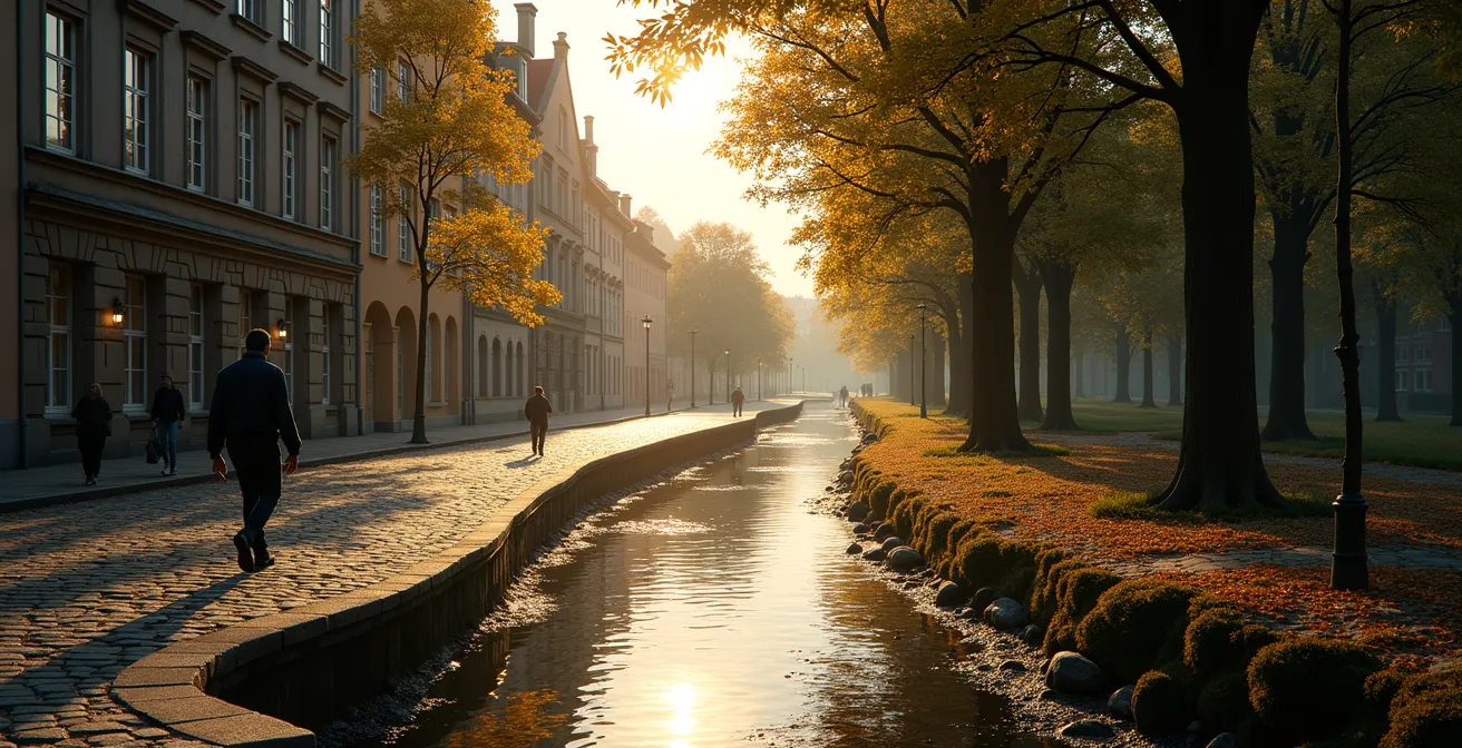 Übergang von Freiburger Altstadt mit Bächle zu Schwarzwald-Wanderwegen