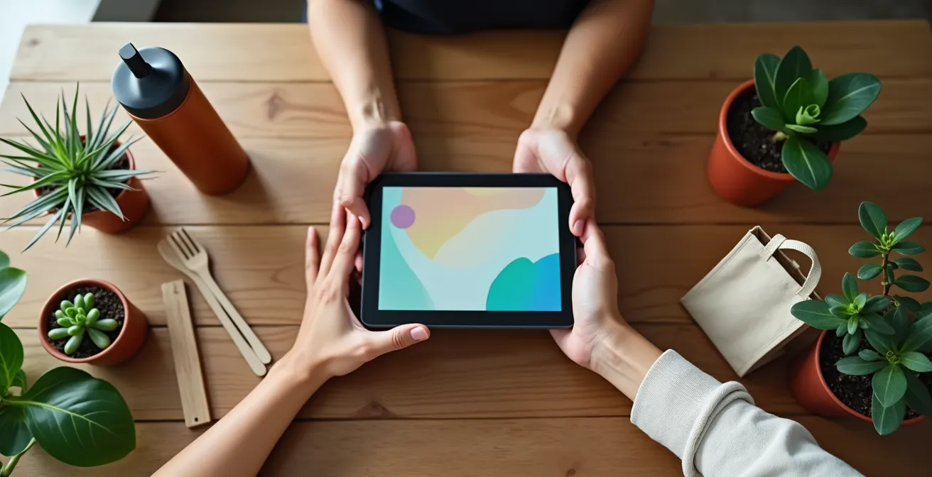 Nahaufnahme junger Hände verschiedener Hautfarben, die gemeinsam ein Tablet halten, umgeben von nachhaltigen Materialien