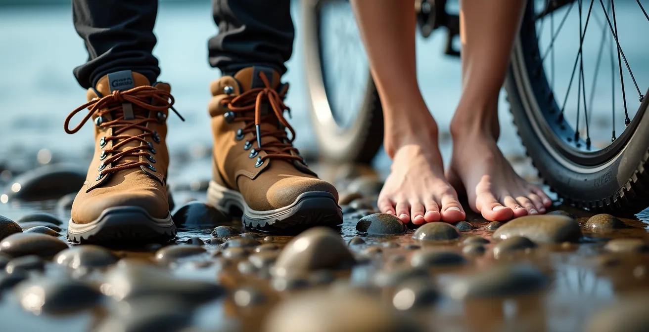 Wandergruppe macht Pause an einem Bergsee, einige ruhen sich aus, andere erkunden die Umgebung