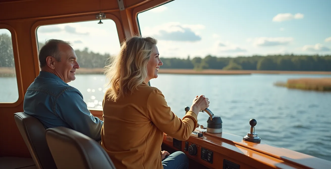 Hausboot navigiert durch ruhige Seenlandschaft bei Sonnenuntergang