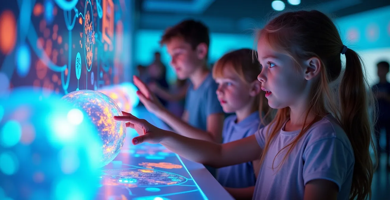 Kinder experimentieren begeistert an interaktiven Wissenschaftsstationen