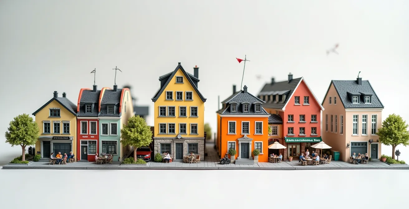 Verschiedene Berliner Stadtbezirke aus der Vogelperspektive mit charakteristischen Merkmalen