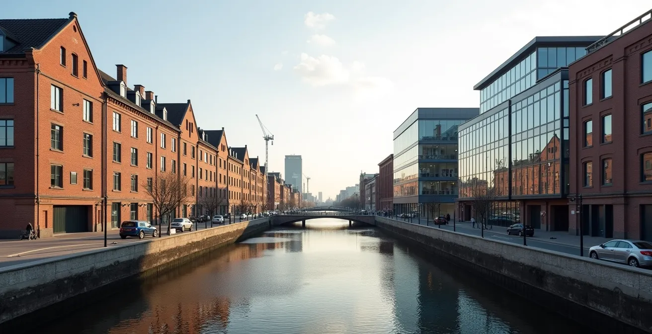 Architektonischer Kontrast zwischen historischen Backsteingebäuden und moderner Glasarchitektur