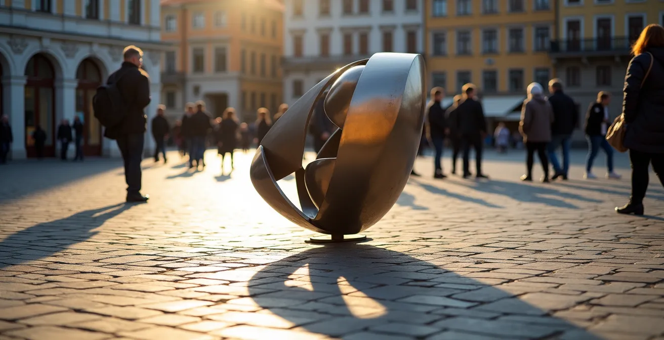 Moderne Skulptur im städtischen Kontext mit Passanten in einer deutschen Stadt