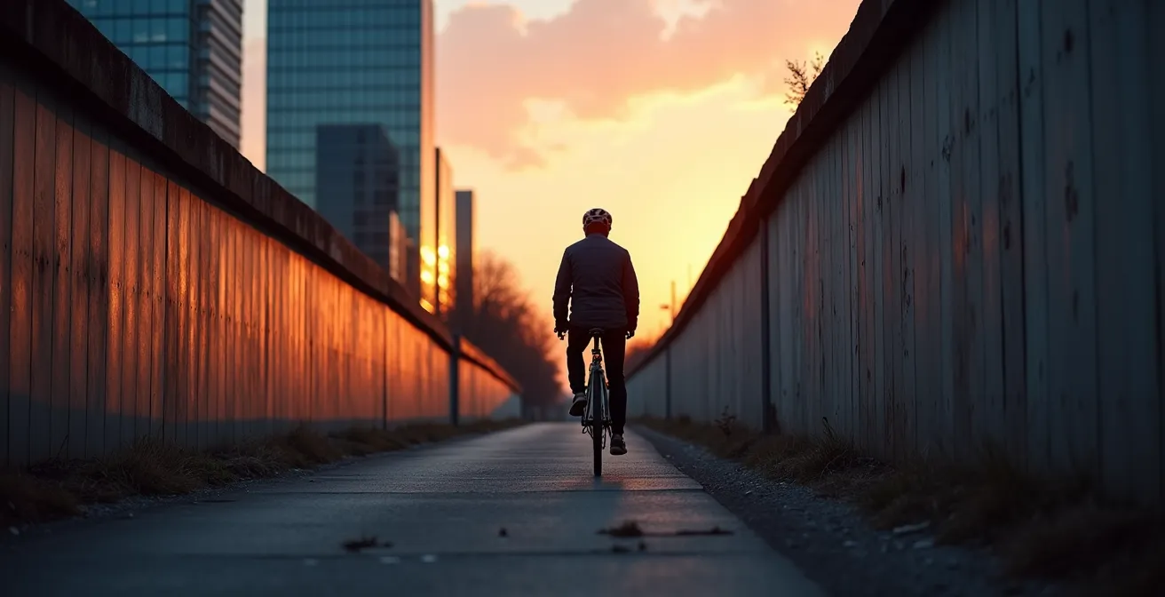 Fahrradfahrer auf dem Mauerweg zwischen modernen Gebäuden und historischen Mauerresten