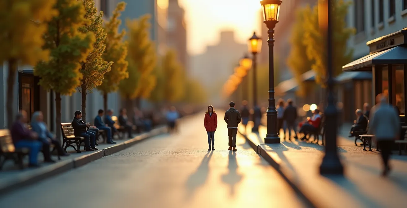 Makroaufnahme einer detailreichen Miniaturlandschaft mit winzigen Figuren