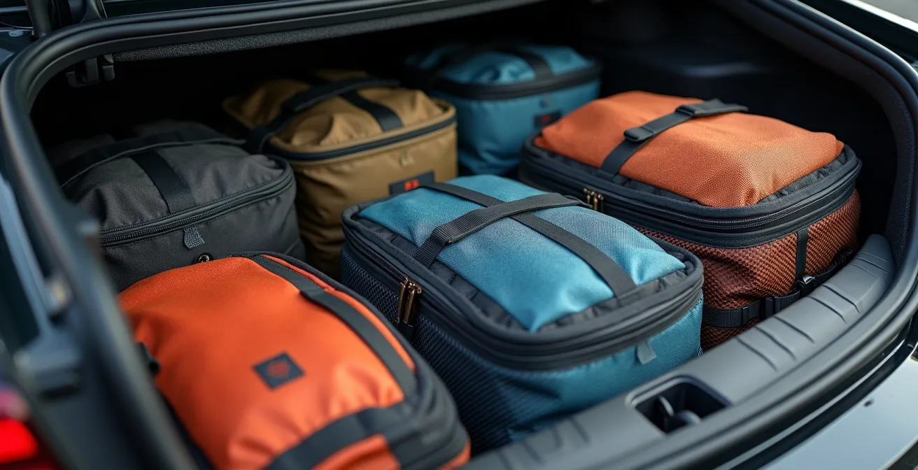Perfekt organisierte Outdoor-Ausrüstung in einem Kofferraum mit kompakten Packtaschen