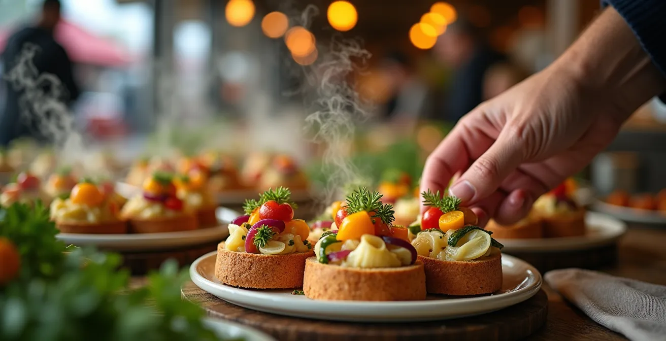 Innovativer Food-Stand mit moderner deutscher Küche auf einem Wochenmarkt