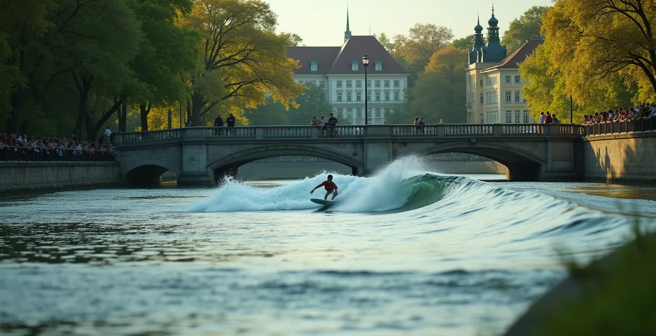 Surfer auf der Eisbachwelle in München, der die moderne, unerwartete Seite der bayerischen Hauptstadt zeigt