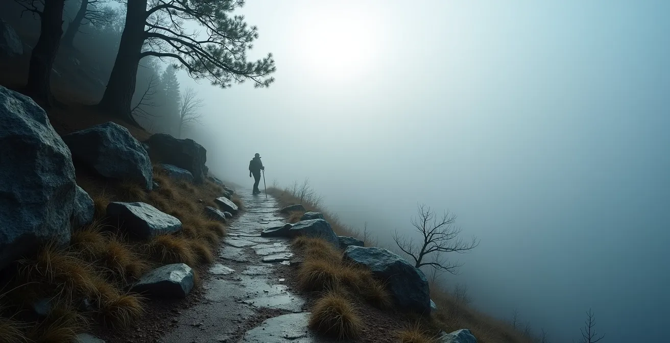 Dichter Nebel umhüllt schmalen Bergpfad mit unsichtbarem Wegverlauf im deutschen Mittelgebirge
