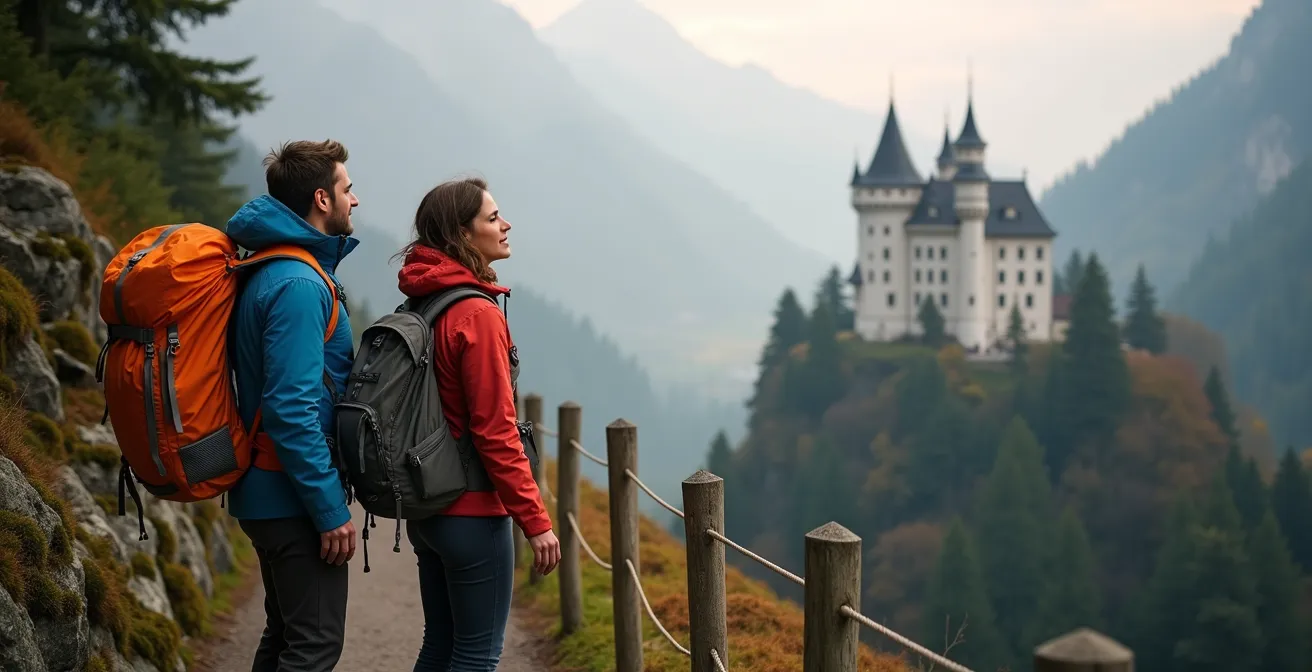Wanderweg zur Marienbrücke mit Blick auf Schloss Neuschwanstein im Nebel