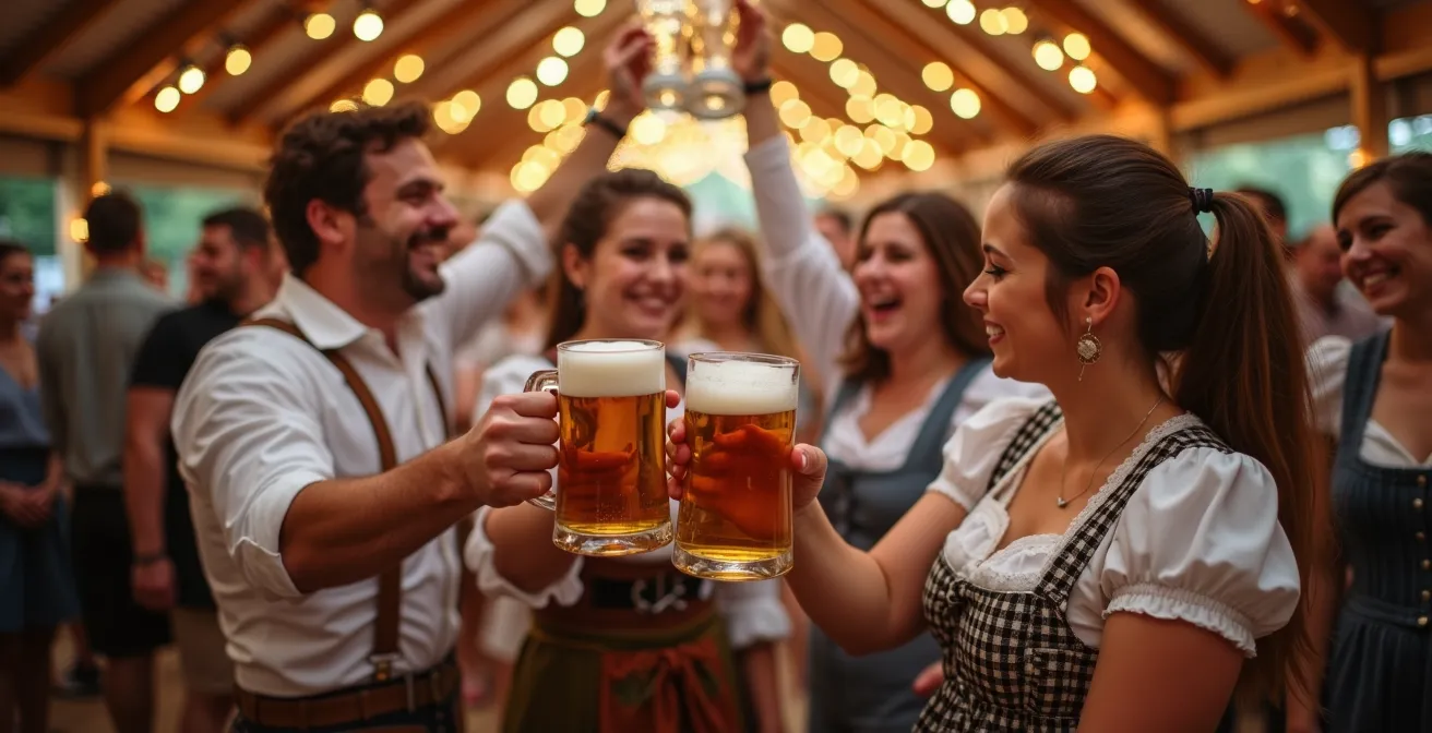 Menschen in bayerischen Trachten feiern im historischen Festzelt und stoßen mit Maßkrügen an.