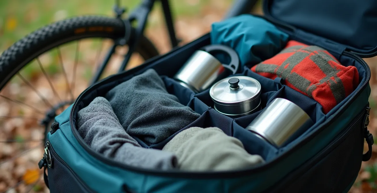 Aufgeräumte Fahrradtaschen mit durchdachtem Packsystem für eine mehrtägige Radtour.