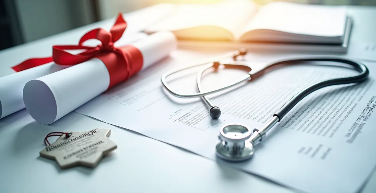 Zertifikate und Qualifikationsnachweise auf einem Tisch symbolisieren die Professionalität des Betreuungspersonals bei einer Seniorenreise.