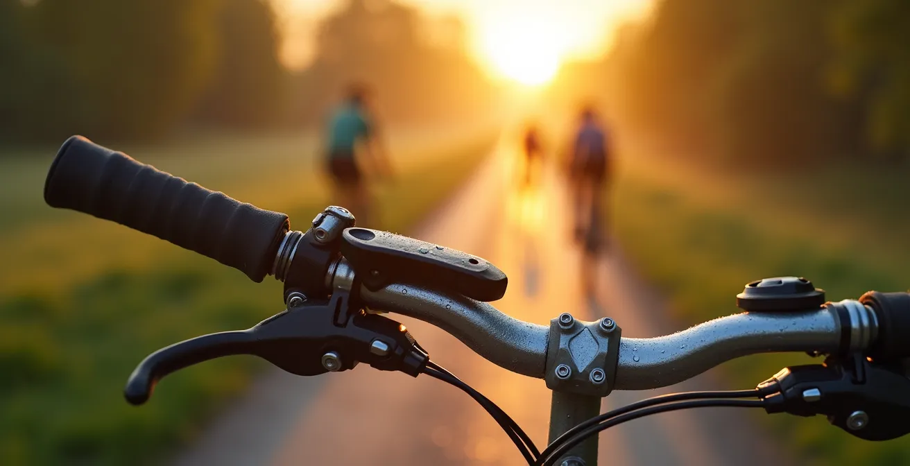 Radfahrer auf dem Elberadweg mit weiter Flusslandschaft und Auenwald im Morgenlicht