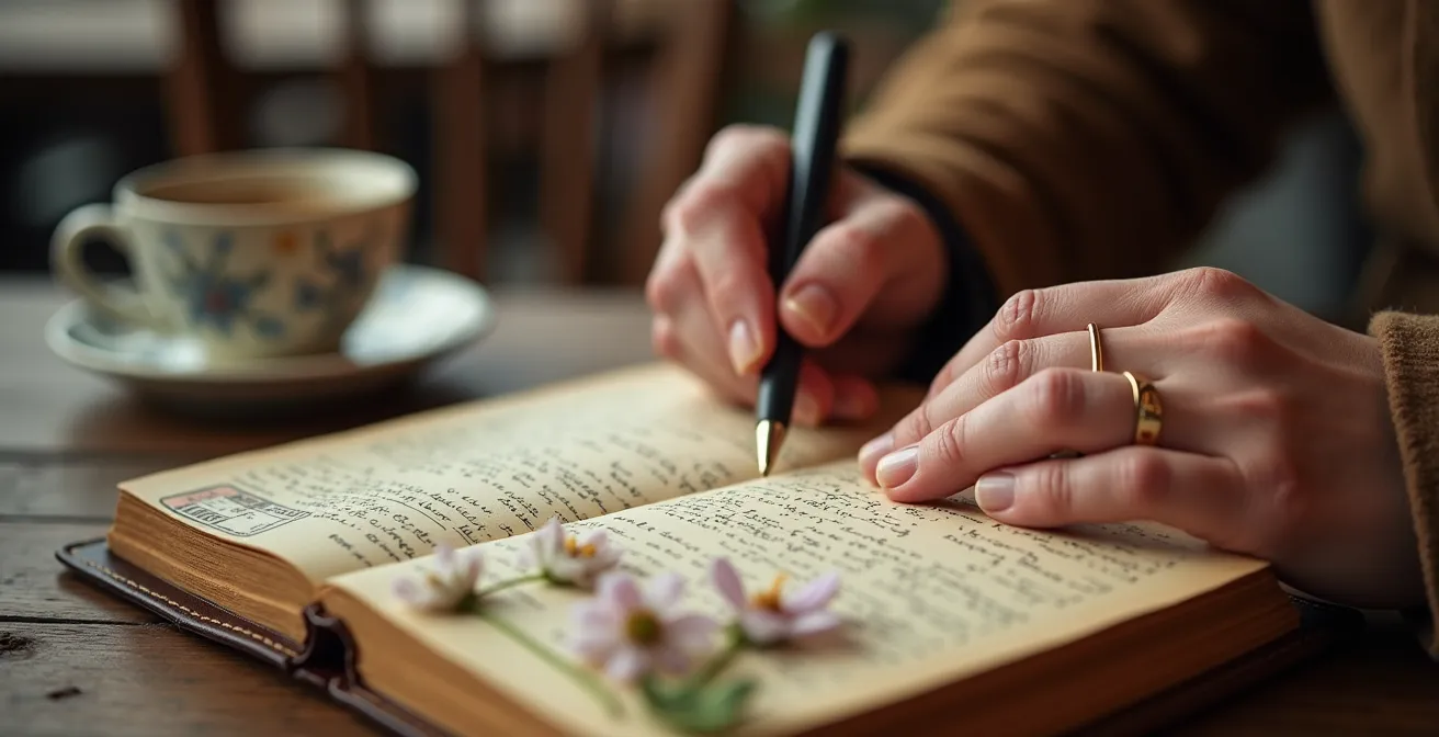 Person schreibt in Reisetagebuch in gemütlichem deutschen Café