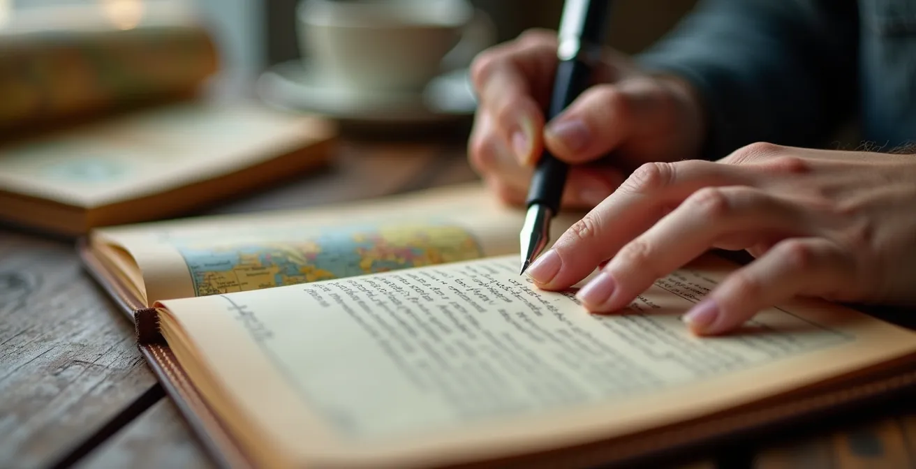 Nahaufnahme von Händen, die in ein Reisetagebuch schreiben, mit Kaffee und Landkarte
