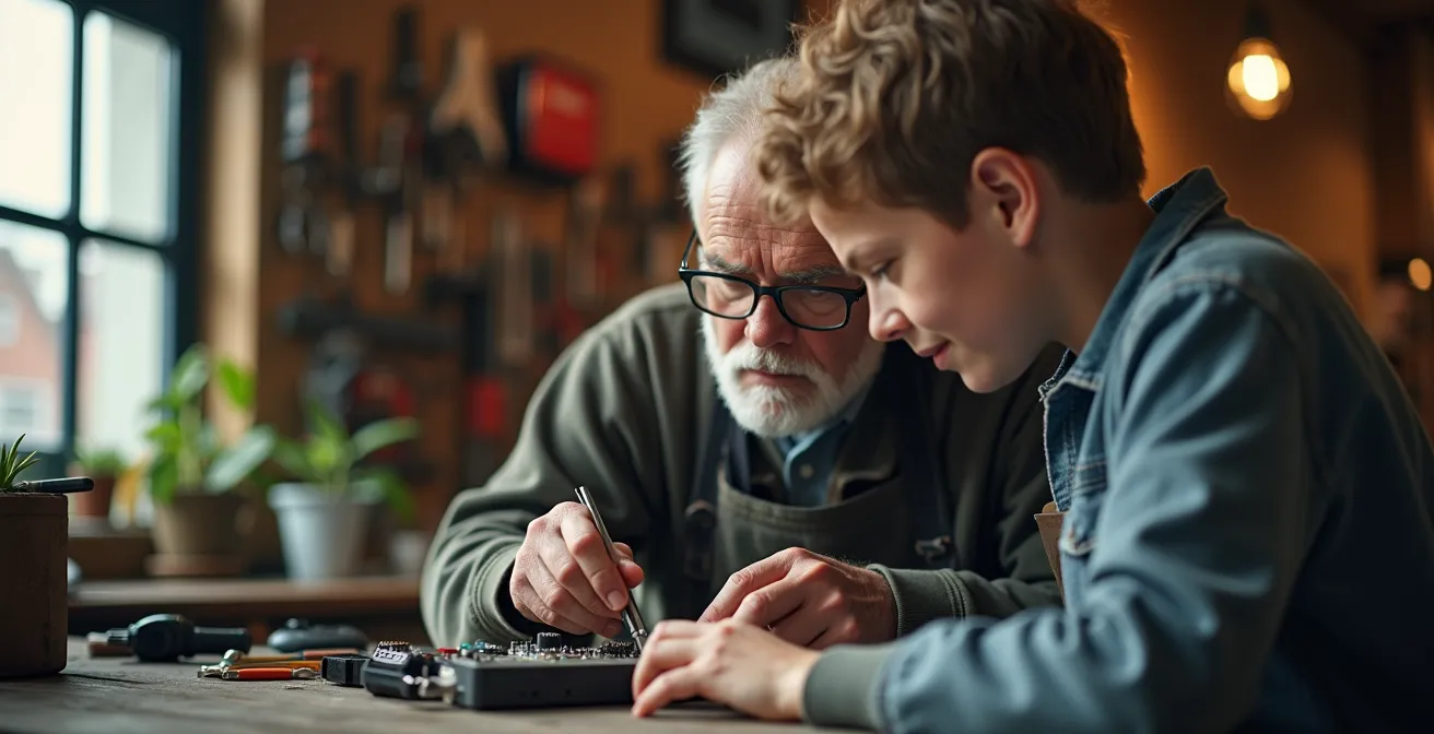 Menschen verschiedenen Alters arbeiten gemeinsam in einem Repair-Café an elektronischen Geräten.