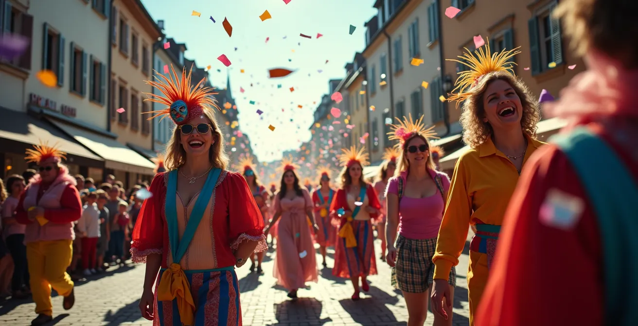 Farbenfroher Karnevalsumzug mit kostümierten Jecken und fliegenden Kamelle vor historischer Kulisse.